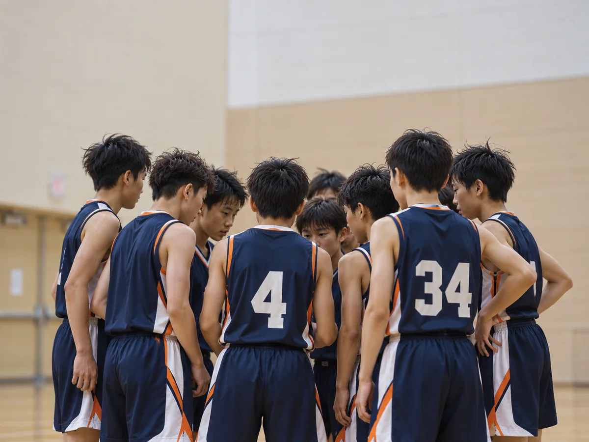 ユニフォームを着て円陣を組むミニバスチーム